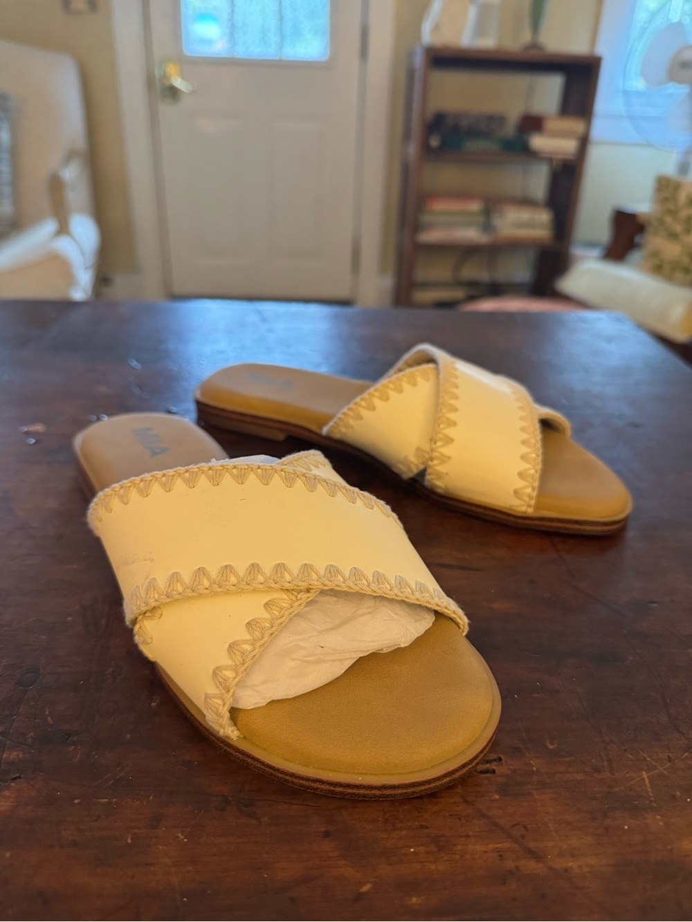 MIA Cream/Tan Crossover Slide Sandals